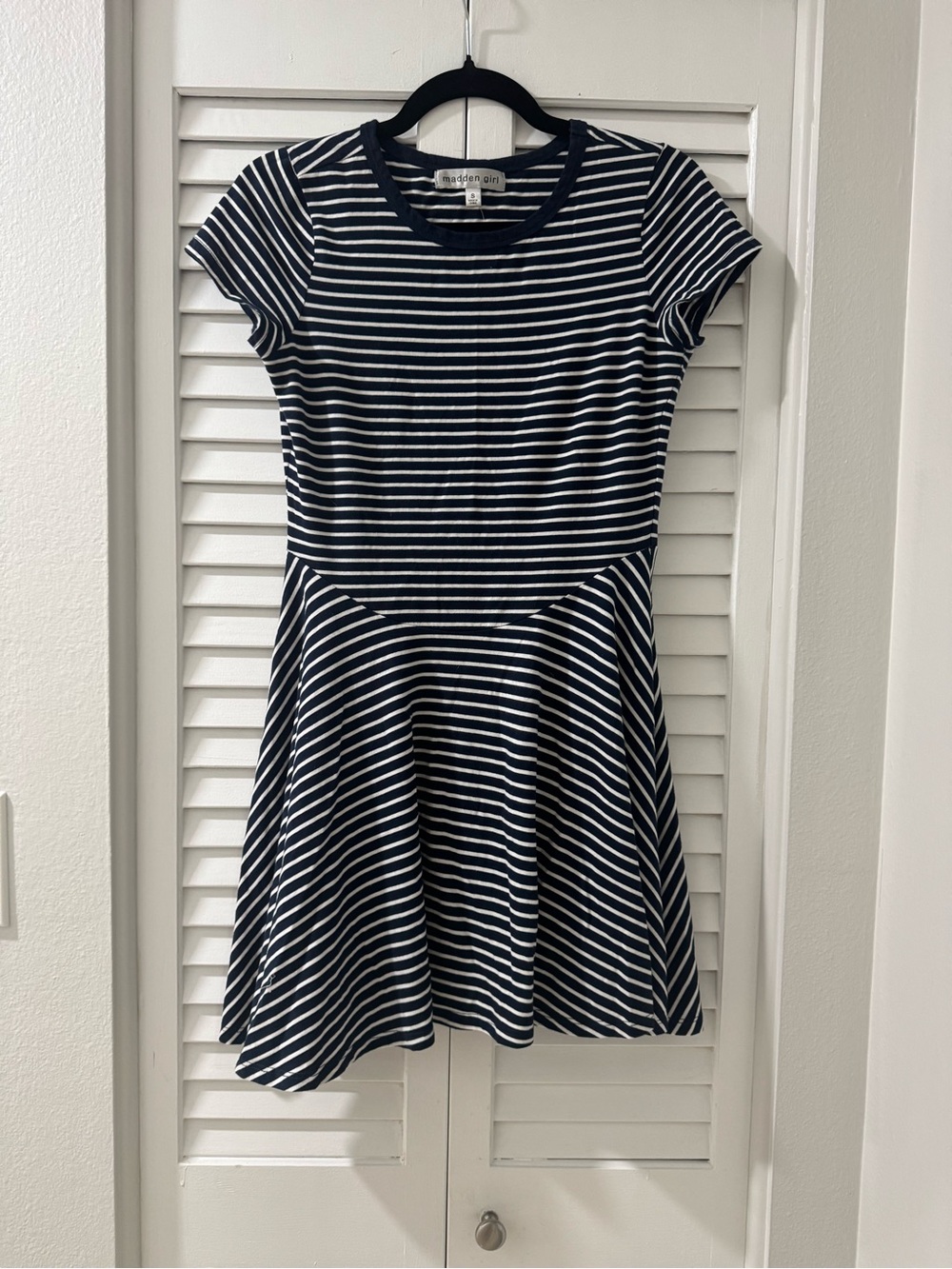 Madden Girl Navy and White Striped Short Sleeve Skater Dress
